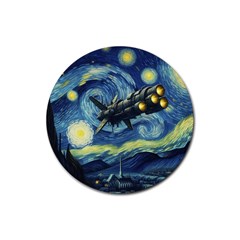 Spaceship Starry Night Van Gogh Painting Rubber Round Coaster (4 Pack)