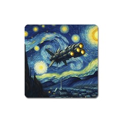 Spaceship Starry Night Van Gogh Painting Square Magnet by Maspions