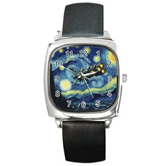 Spaceship Starry Night Van Gogh Painting Square Metal Watch