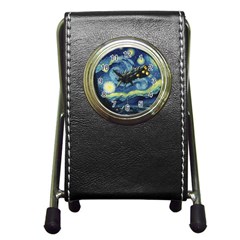 Spaceship Starry Night Van Gogh Painting Pen Holder Desk Clock