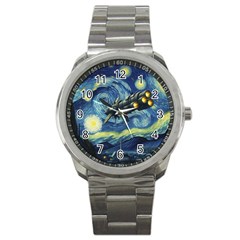 Spaceship Starry Night Van Gogh Painting Sport Metal Watch