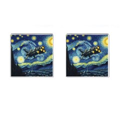 Spaceship Starry Night Van Gogh Painting Cufflinks (square) by Maspions