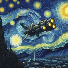 Spaceship Starry Night Van Gogh Painting Play Mat (square) by Maspions