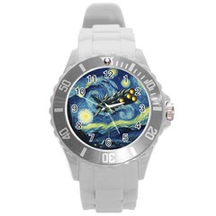 Spaceship Starry Night Van Gogh Painting Round Plastic Sport Watch (l) by Maspions