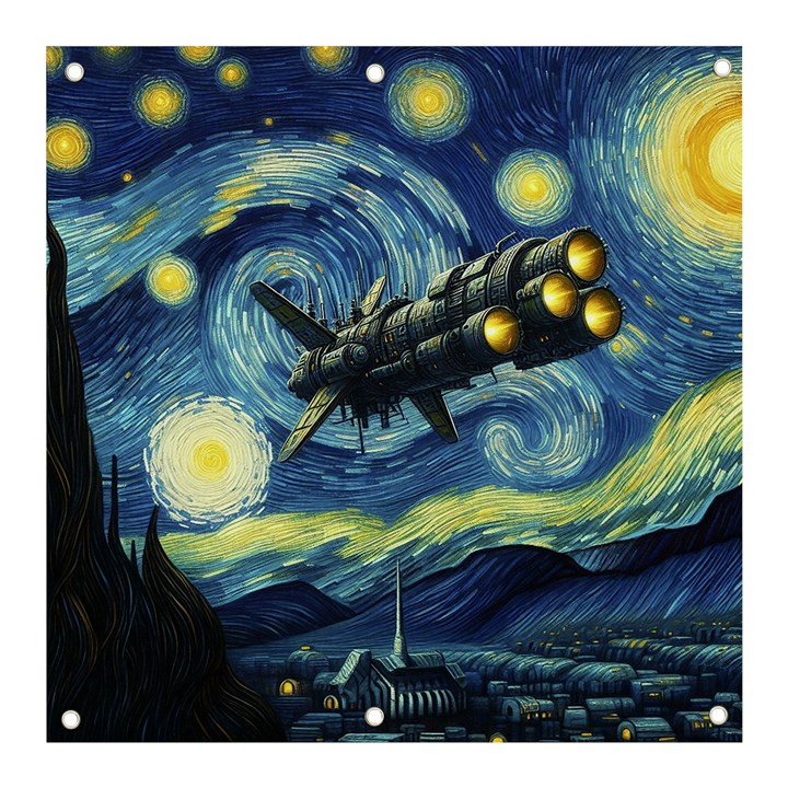 Spaceship Starry Night Van Gogh Painting Banner and Sign 3  x 3 