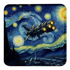 Spaceship Starry Night Van Gogh Painting Square Glass Fridge Magnet (4 Pack) by Maspions