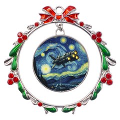 Spaceship Starry Night Van Gogh Painting Metal X mas Wreath Ribbon Ornament by Maspions