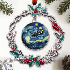 Spaceship Starry Night Van Gogh Painting Metal X mas Wreath Holly Leaf Ornament by Maspions