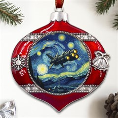 Spaceship Starry Night Van Gogh Painting Metal Snowflake And Bell Red Ornament