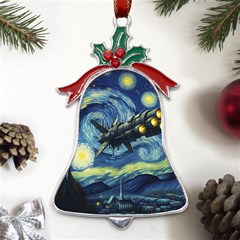 Spaceship Starry Night Van Gogh Painting Metal Holly Leaf Bell Ornament