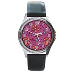 Flowers Petals Leaves Foliage Round Metal Watch Front