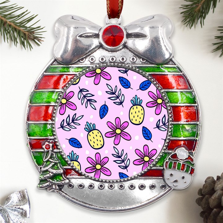 Flowers Petals Pineapples Fruit Metal X Mas Ribbon With Red Crystal Round Ornament