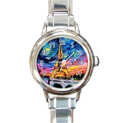 Eiffel Tower Starry Night Print Van Gogh Round Italian Charm Watch