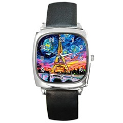 Eiffel Tower Starry Night Print Van Gogh Square Metal Watch