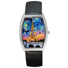 Eiffel Tower Starry Night Print Van Gogh Barrel Style Metal Watch