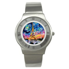 Eiffel Tower Starry Night Print Van Gogh Stainless Steel Watch