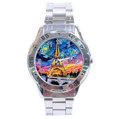 Eiffel Tower Starry Night Print Van Gogh Stainless Steel Analogue Watch