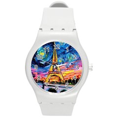 Eiffel Tower Starry Night Print Van Gogh Round Plastic Sport Watch (M)