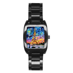 Eiffel Tower Starry Night Print Van Gogh Stainless Steel Barrel Watch