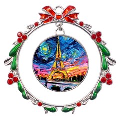 Eiffel Tower Starry Night Print Van Gogh Metal X mas Wreath Ribbon Ornament by Maspions