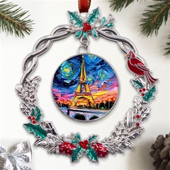 Eiffel Tower Starry Night Print Van Gogh Metal X mas Wreath Holly leaf Ornament