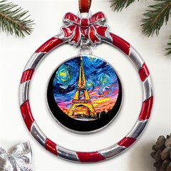 Eiffel Tower Starry Night Print Van Gogh Metal Red Ribbon Round Ornament