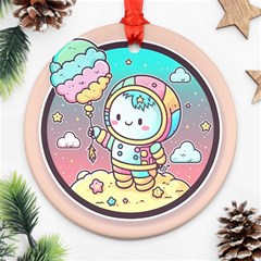 Boy Astronaut Cotton Candy Childhood Fantasy Tale Literature Planet Universe Kawaii Nature Cute Clou Round Ornament (two Sides)