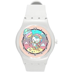 Boy Astronaut Cotton Candy Childhood Fantasy Tale Literature Planet Universe Kawaii Nature Cute Clou Round Plastic Sport Watch (m) by Maspions