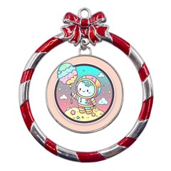 Boy Astronaut Cotton Candy Childhood Fantasy Tale Literature Planet Universe Kawaii Nature Cute Clou Metal Red Ribbon Round Ornament by Maspions