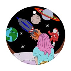 Girl Bed Space Planets Spaceship Rocket Astronaut Galaxy Universe Cosmos Woman Dream Imagination Bed Ornament (round)