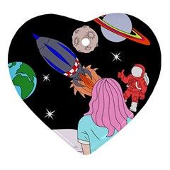 Girl Bed Space Planets Spaceship Rocket Astronaut Galaxy Universe Cosmos Woman Dream Imagination Bed Ornament (heart) by Maspions