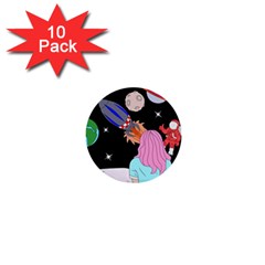 Girl Bed Space Planets Spaceship Rocket Astronaut Galaxy Universe Cosmos Woman Dream Imagination Bed 1  Mini Buttons (10 Pack)  by Maspions