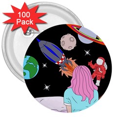 Girl Bed Space Planets Spaceship Rocket Astronaut Galaxy Universe Cosmos Woman Dream Imagination Bed 3  Buttons (100 Pack) 