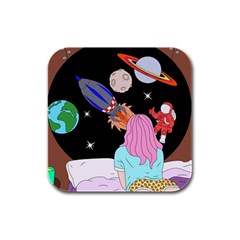 Girl Bed Space Planets Spaceship Rocket Astronaut Galaxy Universe Cosmos Woman Dream Imagination Bed Rubber Square Coaster (4 Pack) by Maspions