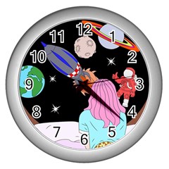 Girl Bed Space Planets Spaceship Rocket Astronaut Galaxy Universe Cosmos Woman Dream Imagination Bed Wall Clock (silver)