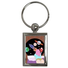 Girl Bed Space Planets Spaceship Rocket Astronaut Galaxy Universe Cosmos Woman Dream Imagination Bed Key Chain (rectangle) by Maspions