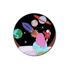 Girl Bed Space Planets Spaceship Rocket Astronaut Galaxy Universe Cosmos Woman Dream Imagination Bed Rubber Coaster (round)