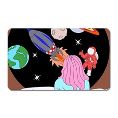 Girl Bed Space Planets Spaceship Rocket Astronaut Galaxy Universe Cosmos Woman Dream Imagination Bed Magnet (rectangular) by Maspions