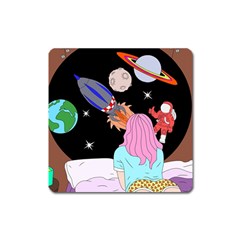 Girl Bed Space Planets Spaceship Rocket Astronaut Galaxy Universe Cosmos Woman Dream Imagination Bed Square Magnet