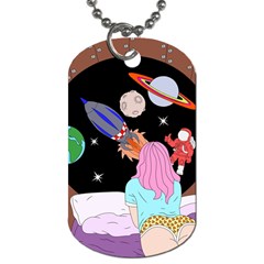 Girl Bed Space Planets Spaceship Rocket Astronaut Galaxy Universe Cosmos Woman Dream Imagination Bed Dog Tag (two Sides) by Maspions