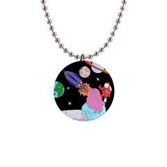 Girl Bed Space Planets Spaceship Rocket Astronaut Galaxy Universe Cosmos Woman Dream Imagination Bed 1  Button Necklace by Maspions