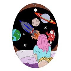 Girl Bed Space Planets Spaceship Rocket Astronaut Galaxy Universe Cosmos Woman Dream Imagination Bed Oval Ornament (two Sides) by Maspions