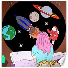 Girl Bed Space Planets Spaceship Rocket Astronaut Galaxy Universe Cosmos Woman Dream Imagination Bed Canvas 16  X 16 