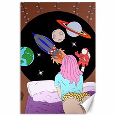 Girl Bed Space Planets Spaceship Rocket Astronaut Galaxy Universe Cosmos Woman Dream Imagination Bed Canvas 24  X 36  by Maspions