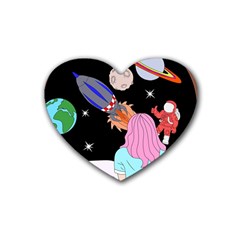 Girl Bed Space Planets Spaceship Rocket Astronaut Galaxy Universe Cosmos Woman Dream Imagination Bed Rubber Coaster (heart)