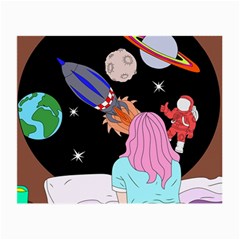 Girl Bed Space Planets Spaceship Rocket Astronaut Galaxy Universe Cosmos Woman Dream Imagination Bed Small Glasses Cloth (2 Sides) by Maspions