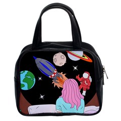 Girl Bed Space Planets Spaceship Rocket Astronaut Galaxy Universe Cosmos Woman Dream Imagination Bed Classic Handbag (two Sides)