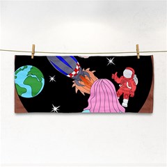 Girl Bed Space Planets Spaceship Rocket Astronaut Galaxy Universe Cosmos Woman Dream Imagination Bed Hand Towel by Maspions