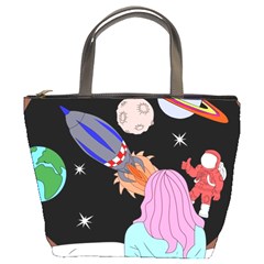 Girl Bed Space Planets Spaceship Rocket Astronaut Galaxy Universe Cosmos Woman Dream Imagination Bed Bucket Bag by Maspions