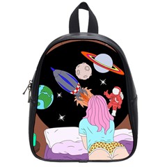 Girl Bed Space Planets Spaceship Rocket Astronaut Galaxy Universe Cosmos Woman Dream Imagination Bed School Bag (small)